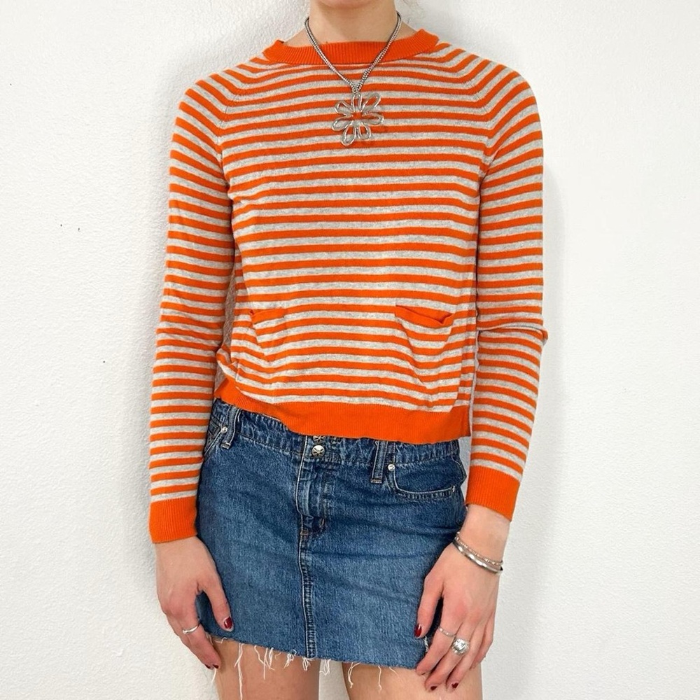 Orange and gray striped long sleeve sweater